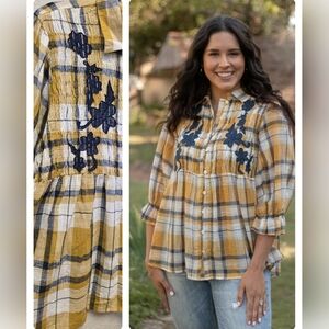 Oh My Stars NWT Plaid Button-Up Women's Top with Floral Embroidery Size XL
